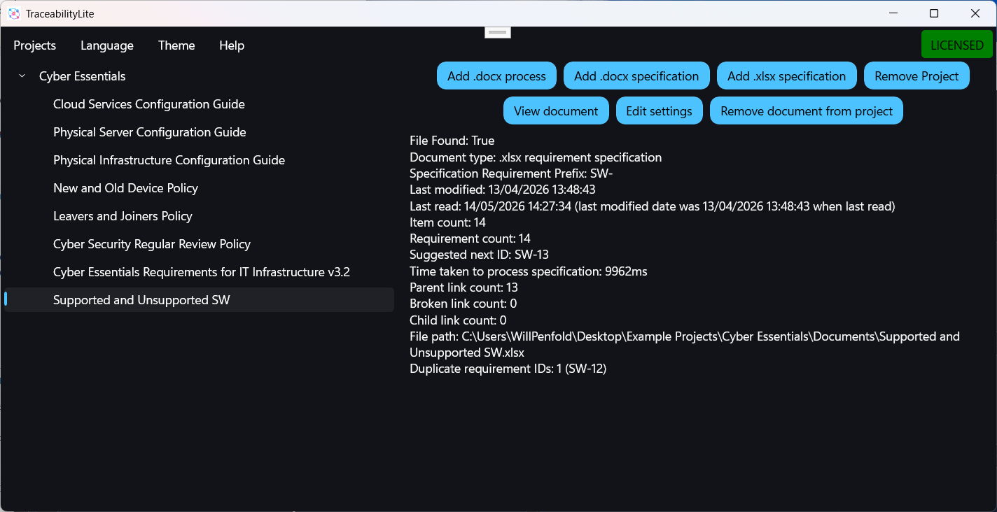 TraceabilityLite Projects Window